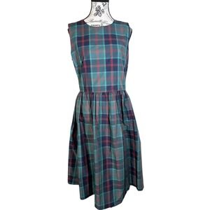 Nordstrom Women's Plaid Midi Dress Size M Green Blue Sleeveless Fit & Flare